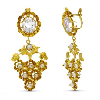 18K PENDIENTES ORO AMARILLO MANTILLA CIRCONITA Y PERLA TOTAL 50X22 MM CATALAN