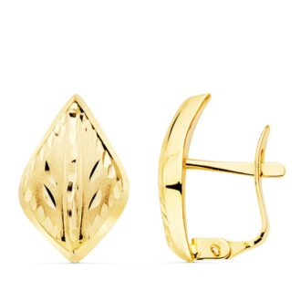 18K PENDIENTES ORO AMARILLO LAPIDADOS HOJA TALLADA 15X10 MM CIERRE CATALÁN