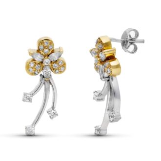 18K PENDIENTES ORO BICOLOR LARGOS FLOR CIRCONITAS CIERRE PRESION