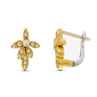 18K PENDIENTES ORO BICOLOR HOJITAS CIRCONITAS CIERRE CATALAN