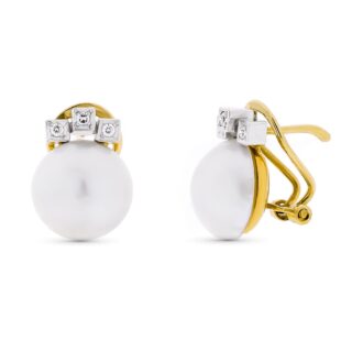 18K PENDIENTES ORO BICOLOR PERLA JAPONESA CON CIRCONITAS 10-12 MM CIERRE OMEGA