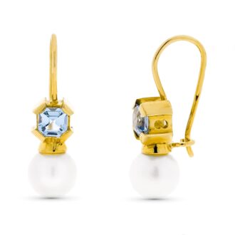18K PENDIENTES ORO AMARILLO PERLA CULTIVADA 7 MM AGUAMARINA