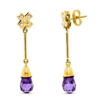 18K PENDIENTES ORO AMARILLO LARGO 5 CIRCONITAS AMATISTA CIERRE PRESIÓN