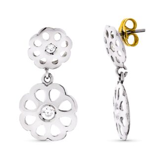 18K PENDIENTES ORO BLANCO FLORES CIRCONITAS 20X10 MM CIERRE PRESION