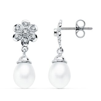 18K PENDIENTES ORO BLANCO PERLA 23X8 MM