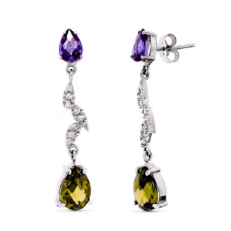 18K PENDIENTES ORO BLANCO LARGO PIEDRAS Y CIRCONITAS 36X7 MM CIERRO PRESION