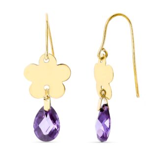 18K PENDIENTES ORO AMARILLO FLOR PIEDRA AMATISTA 10X7 MM