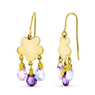 18K PENDIENTES ORO AMARILLO LARGO FLOR 3 PIEDRAS COLOR RS-AT-MA
