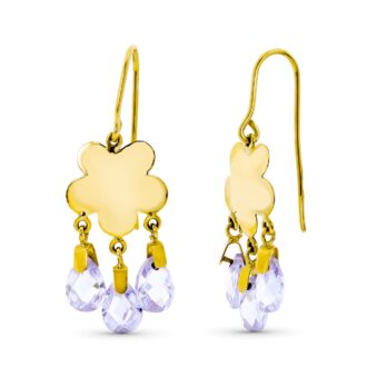 18K PENDIENTES ORO AMARILLO LARGO FLOR 3 PIEDRAS COLOR MALVA