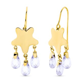 18K PENDIENTES ORO AMARILLO LARGO ESTRELLA PIEDRA COLOR MALVA GANCHO