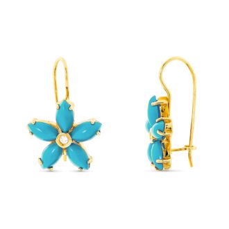 18K PENDIENTES ORO AMARILLO LARGO FLOR TURQUESAS 6X3MM CIRCONITA