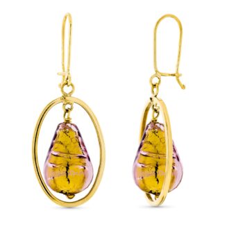18K PENDIENTES ORO AMARILLO LARGO PIEDRA MURANO DORADA 12X8 MM