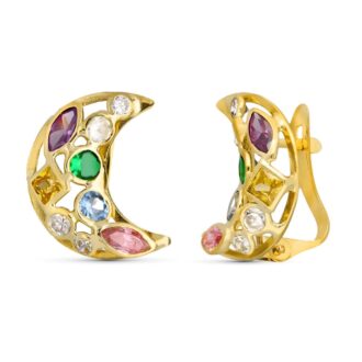 18K PENDIENTES ORO AMARILLO LUNA CIRCONITAS COLOR  14X10 MM CIERRE CATALAN