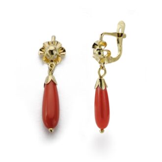 18K PENDIENTES ORO AMARILLO PERA CORAL ROJO NATURAL 25X6 MM ORIGEN CERDEÑA