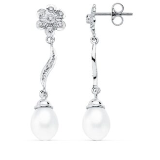 18K PENDIENTES ORO BLANCO PERLA 9X7 MM FLOR 38X8 MM