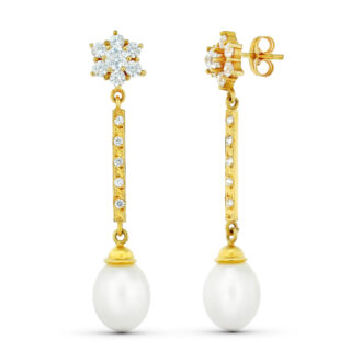 18K PENDIENTES ORO AMARILLO TRES CUERPOS CUAJO Y PERLA. CIERRE PRESION