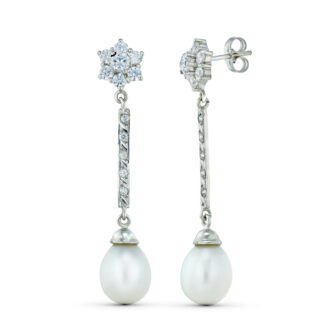 18K PENDIENTES ORO BLANCO TRES CUERPOS CUAJO Y PERLA. CIERRE PRESION