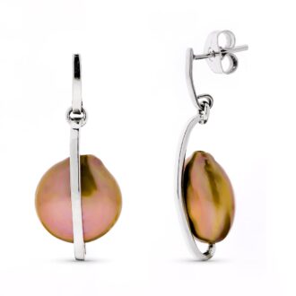 18K PENDIENTES ORO BLANCO LARGOS Y PERLA CHOCOLATE