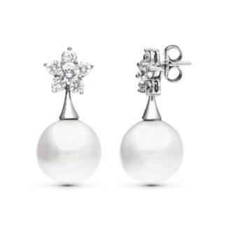 18K PENDIENTES ORO BLANCO FLOR CIRCONITAS PERLA 14 MM