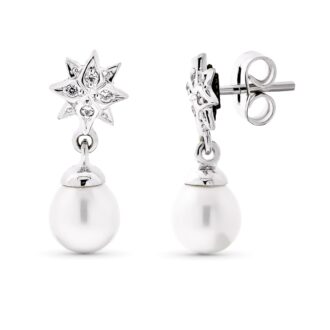 18K PENDIENTES ORO BLANCO LARGO ESTRELLA PERLA 18X7 MM