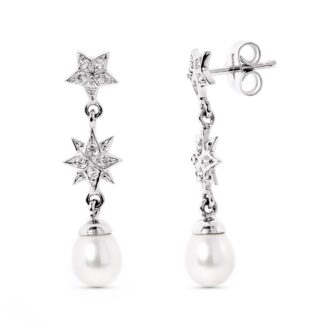 18K PENDIENTES ORO BLANCO ESTRELAS DE CIRCONITAS Y PERLA