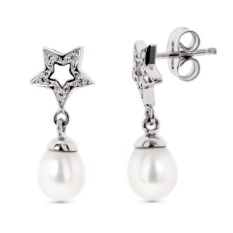 18K PENDIENTES ORO BLANCO DOS CUERPOS CON ESTRELLA Y PERLA CIERRE PRESION
