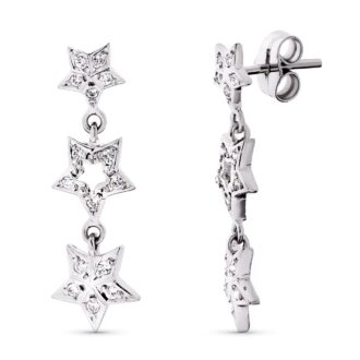 18K PENDIENTES ORO BLANCO LARGOS CIRCONITA Y ESTRELLAS. 27X8 MM