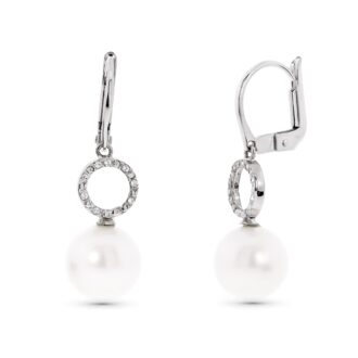 18K PENDIENTES ORO BLANCO MOTIVO REDONDO Y PERLA 9 MM CIERRE CATALAN