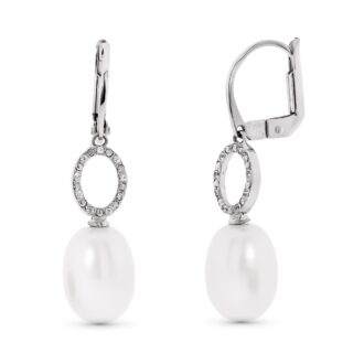 18K PENDIENTES ORO BLANCO MOTIVO OVAL Y PERLA 9 MM CIERRE CATALAN