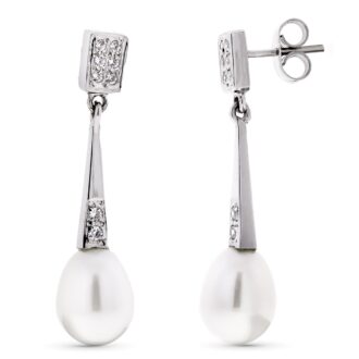 18K PENDIENTES ORO BLANCO LARGOS PERLA Y CIRCONITAS CIERRE PRESION