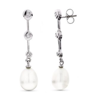 18K PENDIENTES ORO BLANCO LARGOS PERLA Y CIRCONITAS CIERRE PRESION