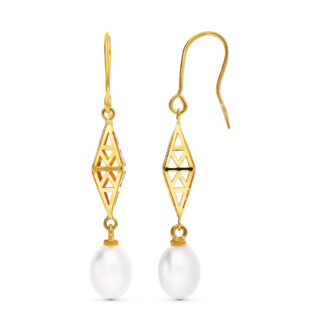 18K PENDIENTES ORO AMARILLO ROMBO 43X7 MM  PERLA CULTIVADA 9X7 MM CIERRE HIPPIE