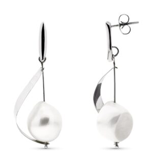 18K PENDIENTES ORO BLANCO LARGOS CON PERLA Y BARRA CIERRE PRESION