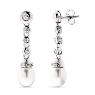 18K PENDIENTES ORO BLANCO LARGO PERLA CIULTIVADA 8 MM Y CIRCONITAS TOTAL 30X7 MM CIERRE PRESION