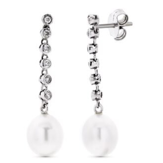 18K PENDIENTES ORO BLANCO LARGOS CON CIRCONITAS Y PERLA CIERRE PRESION