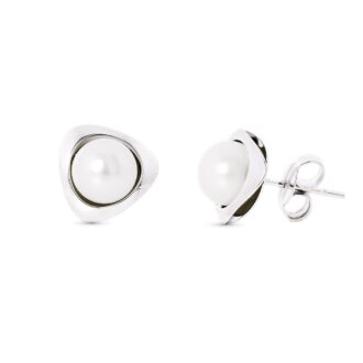 18K PENDIENTES ORO BLANCO PERLA TRIANGULO 9X9 MM CIERRE PRESION