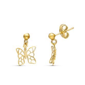 18K PENDIENTES ORO AMARILLO MARIPOSA CALADA 8X8 MM BOLA 2 MM TOTAL 12 MM CIERRE PRESION