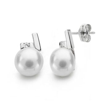 18K PENDIENTES ORO BLANCO PERLA CIRCONITA 12X8 MM
