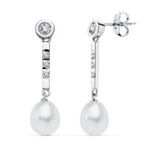 18K PENDIENTES PERLA ORO BLANCO CIRCONITAS PRESION