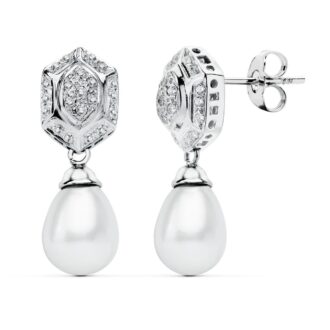 18K PENDIENTES PERLA ORO BLANCO CIRCONITAS PRESION