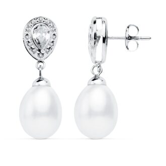 18K PENDIENTES ORO BLANCO PERLA 27X9 MM