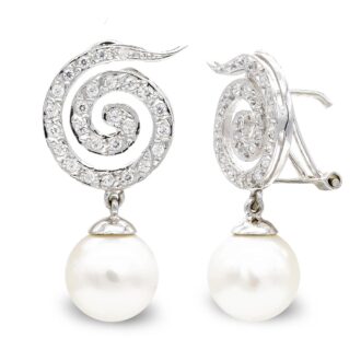 18K PENDIENTES ORO BLANCO LARGOS Y PERLA 10 MM