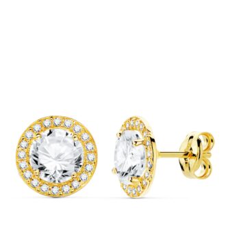 18K PENDIENTES ORO AMARILLO REDONDOS CIRCONITAS 9 MM CIERRE PRESION