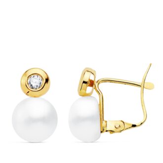 18K PENDIENTES PERLA Y CHATON. 12X7 MM CIERRE CATALAN