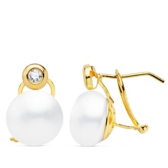 18K PENDIENTES PERLA Y CHATON. 15X10 MM CIERRE OMEGA