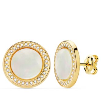 18K PENDIENTES REDONDOS CIRCONITAS Y NACAR 12.5 MM CIERRE PRESIÓN