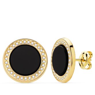 18K PENDIENTES REDONDOS CIRCONITAS Y ONIX. 12.5 MM CIERRE PRESIÓN