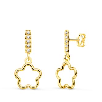 18K PENDIENTES ORO AMARILLO DOS CUERPOS COLGANTE FLOR Y CIRCONITAS 18X8 MM