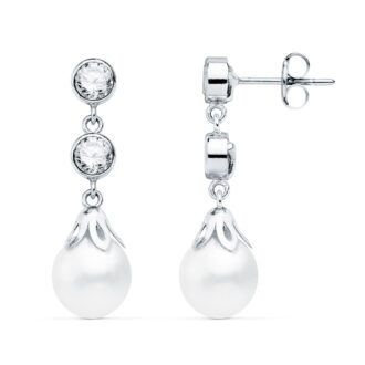 18K PENDIENTES ORO BLANCO PERLA Y CIRCONITAS 24X6 MM PRESION