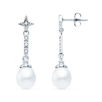 18K PENDIENTES ORO BLANCO PERLA Y CIRCONITAS 28X8 MM